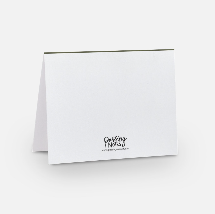 Back of A2 sized card which is white, and has the passing notes logo and website address in black