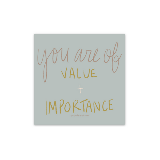 sticker with light blue background with pink and gold handwritten font that says "you are of value + importance"