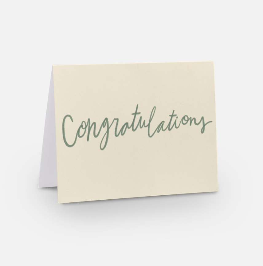 A2 horizontal sized card with a cream background and medium green handwritten font that says "congratualtions"