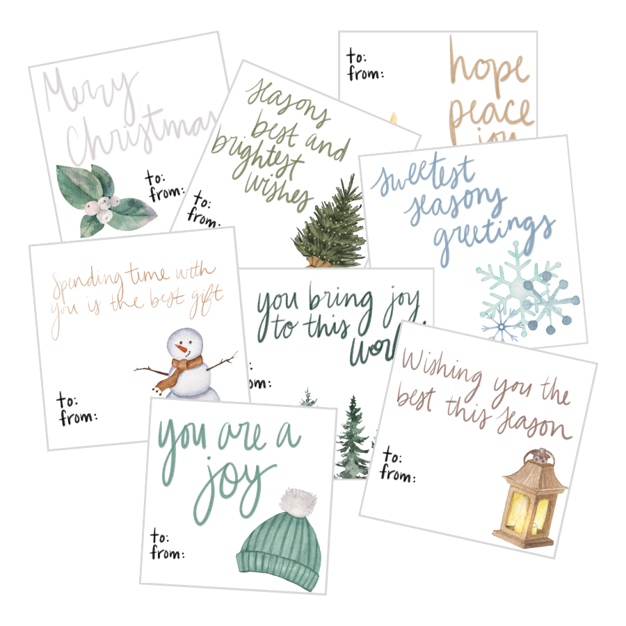 A collection of unique Christmas gift tags featuring festive designs like holly, snowflakes, a snowman, a pine tree, a woolen hat, and a lantern. Messages include "Merry Christmas," "You are a joy," and "Wishing you the best this season" to enhance your holiday gifting.