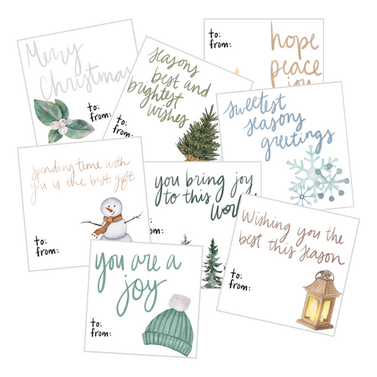 A collection of unique Christmas gift tags featuring festive designs like holly, snowflakes, a snowman, a pine tree, a woolen hat, and a lantern. Messages include "Merry Christmas," "You are a joy," and "Wishing you the best this season" to enhance your holiday gifting.